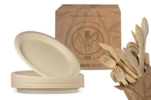 greenpiece ® 25 bamboe vezel Borden 25cm + 25 Bamboe vezel Bestek Sets | Extra Duurzaam | Geen plastieke verpakking | Wegwerpborden | Wegwerpbestek | Biologisch Afbreekbaar | Picknick, Barbecue, Camping