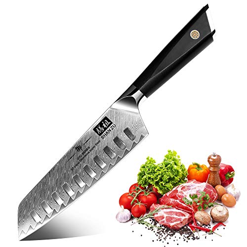 SHAN ZU Koksmes, Santoku mes keukenmes 18 cm Damascus AUS-10 roestvrij staal scherp mes ergonomisch G10 handvat prachtige geschenkverpakking