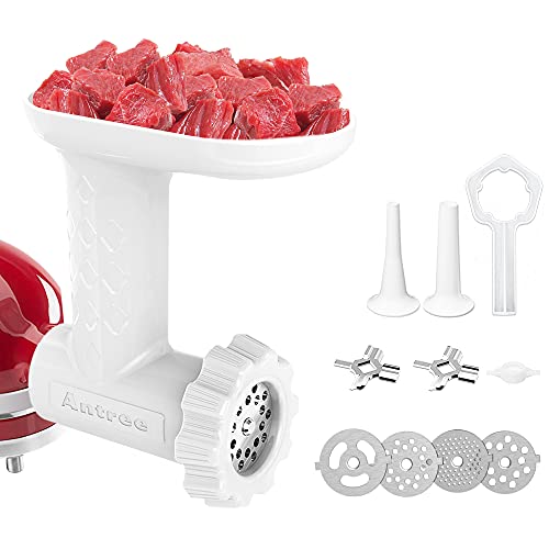 Antree Meat Grinder Attachment fits for KitchenAid Stand Mixer - Food Grinder -Meat Mincer met 4 Grind Plates, 2 Grind Blades, 2 Worstvulbuizen en 1 Reinigingsborstel voor KitchenAid Mixers