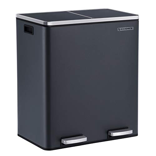 SONGMICS Afvalbak, afvalscheidingssysteem, met 2 kunststof binnenemmers, 2 x 30L pedaalemmer, afvalbak met voetpedaal, met handgrepen, grijs LTB60GS