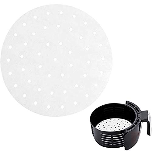 Super Idee Set van 100 geperforeerde bamboe papieren onderlegger met ontluchtingsgat voor 5,2 &amp; 5,5 liter heteluchtfriteuse Airfryer stoompan diameter 23 cm hittebestendig wegwerpbaar anti-aanbakvermogen