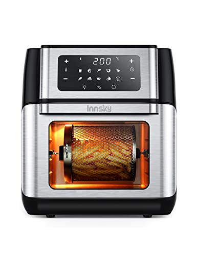 Innsky IS-AF002 hetelucht 10 l, 1500 W mini-oven, 10 in 1 heteluchtfriteuse met digitaal led-display, fruitdehydrator, barbecue, 6 accessoires en receptenboekje, roestvrij staal, 18/8
