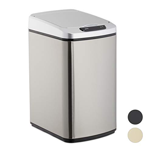 Relaxdays Sensor vuilnisemmer 12l, vierkante afvalemmer met deksel & binnenemmer, keuken & badkamer, automatische vuilnisemmer, zilver