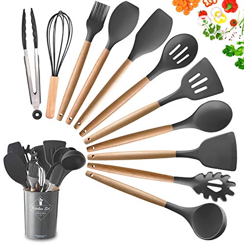 Keukengerei Set 11 stuks, Premium houten handvat siliconen kookgerei, BPA-vrij, grijs inclusief voedseltang, schrapers, serveerlepel, sleufdraaier, spaghettiserver, eiergarde, sleuflepel