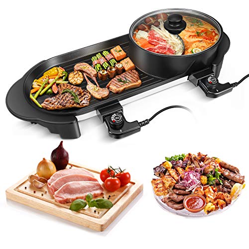 Kacsoo Hot Pot dubbele pan elektrische grill tafelgrill met deksel variabele 5 temperatuur Koreaanse barbecue Hot Pot - 2400 W 2 roosters 2 smaak anti-aanbakpan grote capaciteit barbecue grill indoor