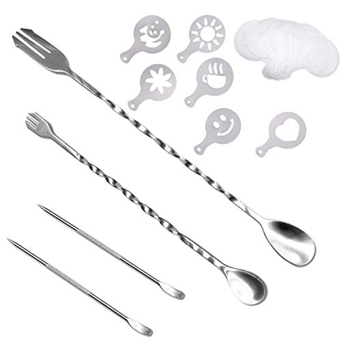 36 stuks koffiezetapparaat set, 32 stuks koffie versieren stencils Barista Template + 2 Latte Pen + 2 Pack Spiraalvormig patroon menglepel vork 2 in 1 voor mussetaart verjaardagsfeestje bar Espresso Cocktail