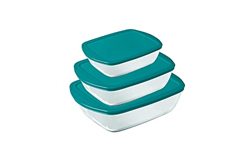 Pyrex® - Cook & Store - Set van 3 rechthoekige glazen bewaarschalen met deksel (0,4 l, 1,1 l en 2,5 l) - BPA-vrij