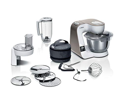 Bosch MUM5XW20 MUM 5 keukenmachine, geïntegreerde weegschaal, grote roestvrijstalen kom (39 l), professionele patisserie-set, doorloopsnijder, wit/champagne, 1.000 Watt