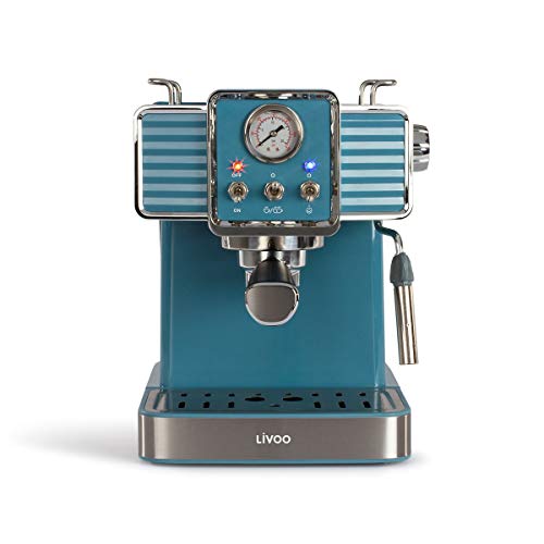 Livoo DOD174 koffiezetapparaat voor espresso, 15 bar, thermoblok, stoommondstuk voor cappuccino, warme melk, retro-look, blauw, 1350 W