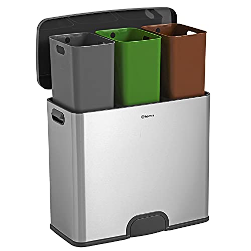 Homra KICK ME Sensor trio afvalscheiding Prullenbak - 45 L (liter) pedaalemmer met 3 vakken- Hoogwaardig RVS - afvalemmer met voetpedaal & automatische softclose deksel