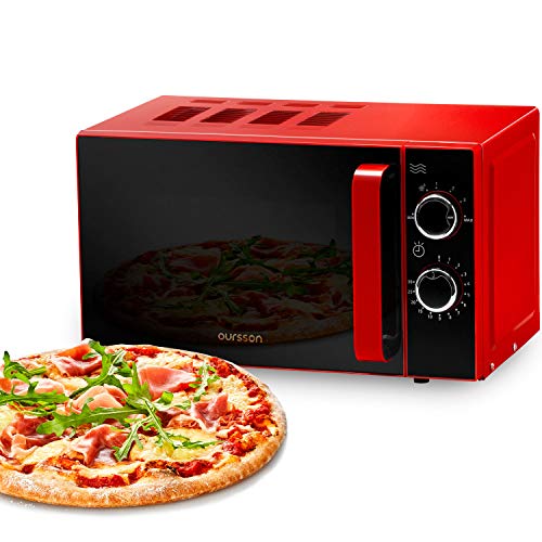 Magnetron Oursson met spiegeldeur, multifunctionele 5 standen, 20 liter, timer tot 30 minuten, werkoppervlak, multifrequentie koken, ontdooifunctie, snel, draaiplateau 24.5 cm, compact design, kleur staal gespiegeld, 700 Watt, Rood, MM2005/RD