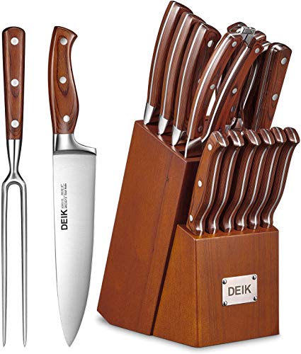 Deik Messenblok set, messenset, 16-delig, mes met houten handvat, roestvrij staal, koksmessen-set met houten blok, professioneel keukenmes met aanzetstaal