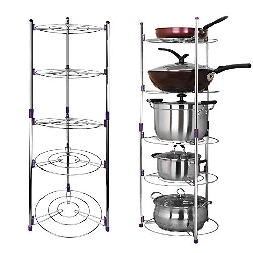 BUZIFU 5 Tier Pan Rack RVS Pan Pot Organizer Rack Verstelbare Multi-Layer Rack Saucepan Stand Pannen Deksel Opslag Plank Kookgerei Organizer Houder Staande Opbergkast Dikken Stalen Buis