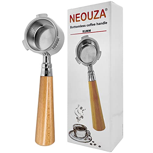 Espresso Coffee Bottomless Portafilter 51mm Apply for DeLonghi Coffee Machine EC680/EC685, No Base Filter Holder, Stainless Steel Cup Filter Basket,Wooden Coffee Handle