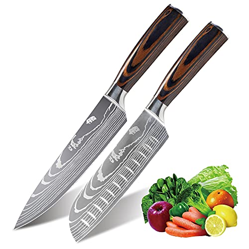 Anhichef 2 keukenmessen, koksmes 8 inch professionele ultrascherpe kookmes en 7 inch santoku mes als geweldig cadeau voor chef-kok | koolstofarm Duits roestvrij staal en ergonomisch handvat