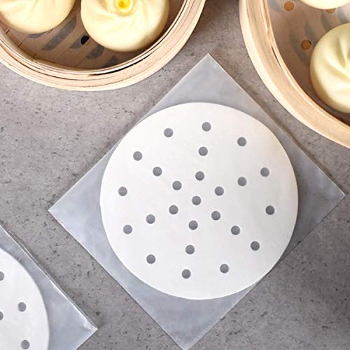 250 stuks Dim Sum papier als onderlegger voor bamboe-dempers, heteluchtfriteuse, stoomkoker Airfryer Liners, antiaanbaklaag, rond bakpapier geperforeerd bamboepapier (20,3 cm)