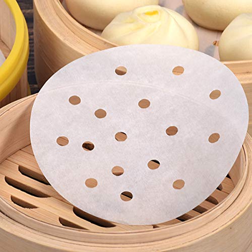 250 stuks Dim Sum papier als onderlegger voor bamboestomer, heteluchtfriteuse, stoompan Airfryer Liner, anti-aanbaklaag, rond bakpapier geperforeerd bamboepapier (9 inch/22,9 cm)