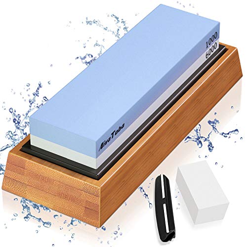 AivaToba Slijpstenen slijpsteen set 1000/6000 grit wetsteen keukenmes 2-in-1 dubbelzijdige messenslijper met bamboebasis, antislip siliconen houder, hoekgeleiding, afvlaksteen