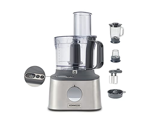 Kenwood Multipro Compact + FDM313SS compacte keukenmachine, krachtig keukenapparaat met 2,1 l werkbak, glazen mixopzetstuk, incl. 9 accessoires, metalen behuizing, 800 W, roestvrij staal, 2,1 liter