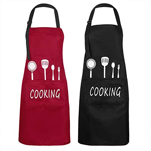 Kookschort Unisex Keuken Koks Schort Waterdichte Bib Schort met 2 zakken en Verstelbare Nekriem Oliebestendig Chef Schort voor Bakken Tuinieren Bar Craft BBQ Koffie Restaurant 2 Pack (Rood & Zwart)