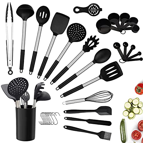 Keukengebruiksvoorwerp Set, 24 stks Siliconen Kookgerei Set w/Houder voor Non Stick Pan Pannen, Hittebestendige Siliconen Keukengereedschap Set, Turner Spatel Lepel Tong Borstel Garde Maatbekers, BPA-vrij