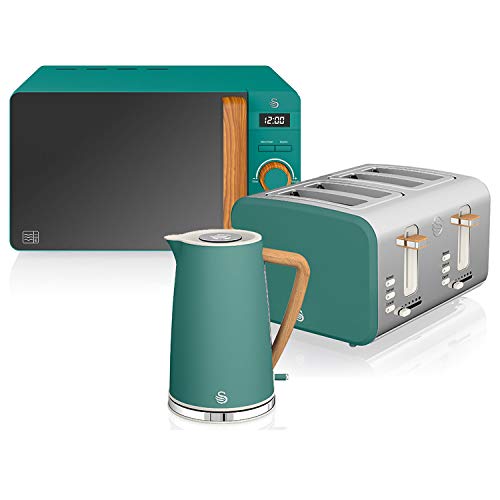Swan Nordic set ontbijt waterkoker 1,7 l 2200 W brede broodrooster 4 schijven magnetron 20 l digitaal design modern houtlook groen mat
