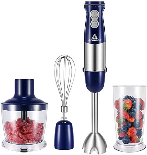 Acoqoos Hand Blender, 1000W Stick Blender 4 in 1 met 4 messen, onderdompeling Hand Blender met garde, 500ml snijkom, 600ml beker, 6 snelheden, BPA vrij