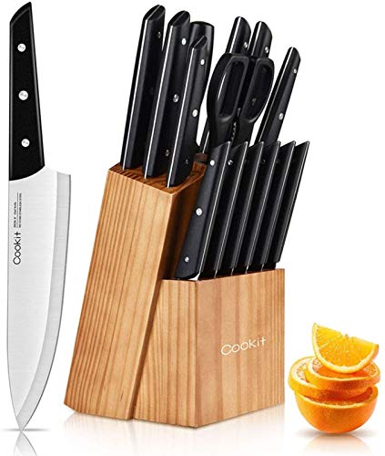 Messenset met Blok, Cookit 15 Stuks Keukenmes Set met Dennenblokhouder, Messenblok Set met Slijper, Hoge Roestvrijstalen