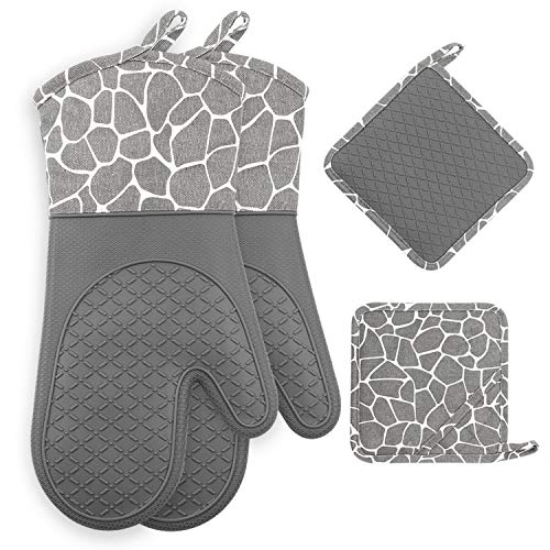 Gesentur Ovenhandschoenen, hittebestendige siliconen ovenhandschoenen, antislip keukenovenwanten 1 paar en 2 pannenlappen, voor keuken, koken, bakken, grillen, barbecue (grijs)