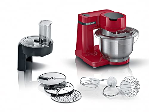 Bosch MUM Serie 2 MUMS2ER01 Keukenmachine, roestvrijstalen kom 3,8 l, planeetmengwerk, kneedhaak, slag-, roerbezem roestvrij staal, doorloopsnijder, 3 schijven, 700 W, rood