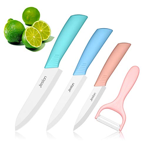 Jeslon Keramische messenset, keukenmessen set 6 inch koksmes, 5 inch Utility Mes, 4 inch Fruit Paring Mes, Dunschiller met schede voor het koken van groenten en fruit