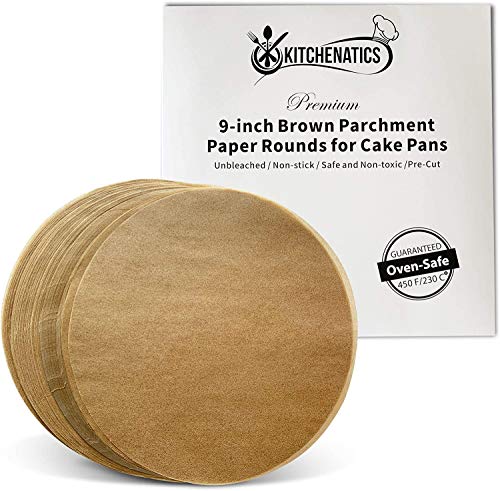 KITCHENATICS ongebleekt perkamentpapier, rond, niet-geperforeerd bakpapier voor bakpan, friteuse, stoompan, Instapot, oven of grill, bruine wasvrije voering, 22,9 cm, 150 voorgesneden vellen