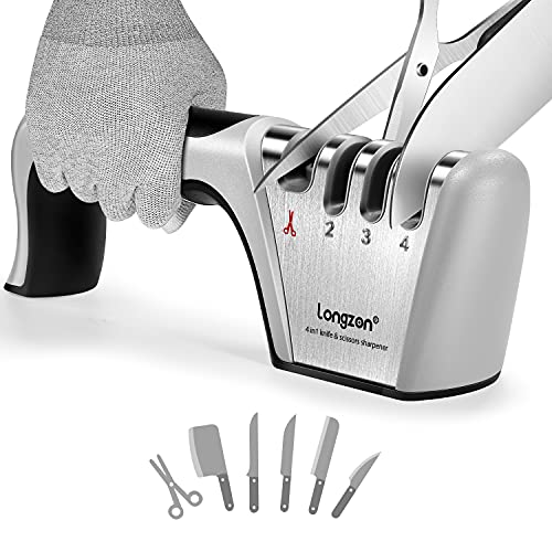 longzon Messen slijper -4 in 1 Proffesioneel Slijper -4 Standen -Verschillende Slijpkoppen voor Scharen en Keukenmessen van Groottes, met Anti-snij Handschoen