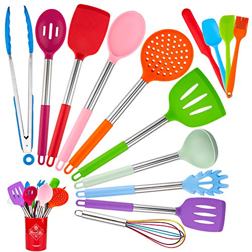 Keukengerei Set - 15 stks Siliconen Kookgerei Set met RVS Handvat, Bakgereedschap met Turner Tang Spatel Lepel, Keukengerei Set Nonstick Hittebestendig Kookgerei (Multicolor)