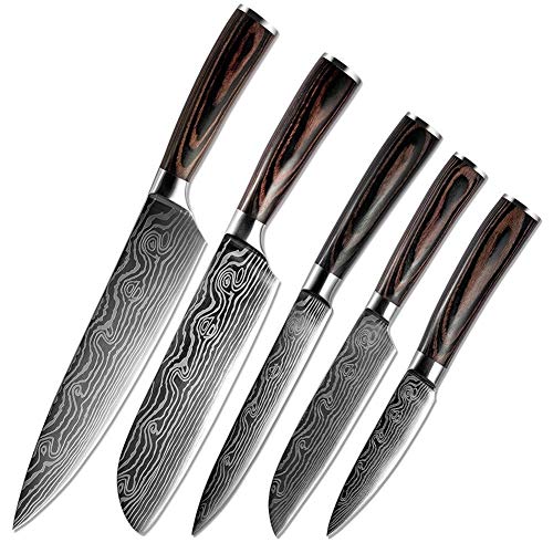 Messenset Patroon 5PCS keukenmessen Japanse Damascus Steel koksmes Santoku Officemes Santoku Snijdende Utility Tool keukenmes