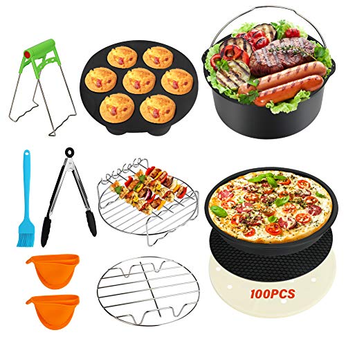 7 Inch 12-delige Air Fryer-accessoireset, CestMall XL Air Fryer-accessoires voor Gowise Phillips USA Cozyna, past op alle 3.7QT-5.8QT Deep Airn-friteuse met cakemand, pizzapan, ovenwanten, spiesrek