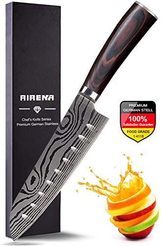AIRENA Japans Santoku mes, 7 inch koksmes, professioneel mes, Duits koolstof-roestvrij staal, extra scherp lemmet met ergonomische handgreep, ideaal voor thuis en keuken