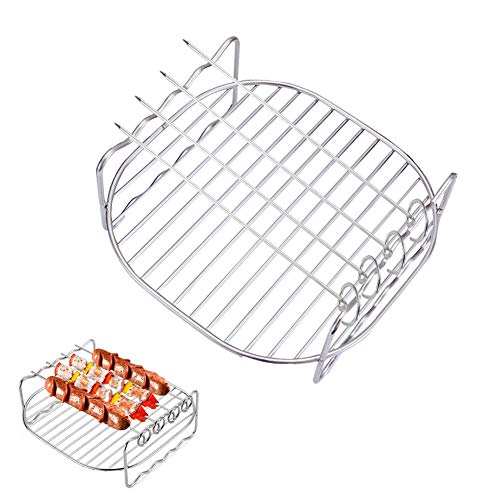 HSIULMY Luchtfriteuse dubbellaags rek, multifunctionele luchtfriteuse accessoires met 4 spiesjes, 6,8 inch roestvrijstalen airfryer grillpan, compatibel met Go Wise/Phillips Airfryer (Fit 3.5-5.8QT)