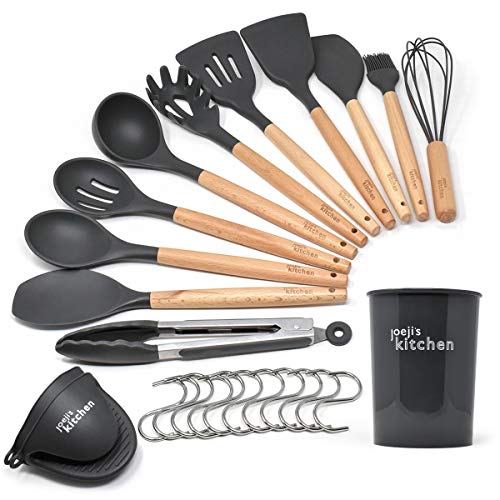 Keukengerei Set van 25 / Hittebestendig Grijs Siliconen Keukengerei Set/Premium Houten Handvat Kookgerei