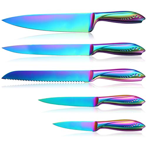Keukenmes Set 5-delig, scheermes scherp Duits roestvrij stalen mes en comfortabel handvat met regenboog titanium gecoat, chef-snijwerk brood Utility paring voor snijden en schillen, geschenkdoos