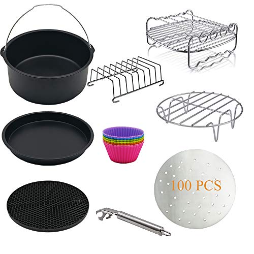 19.5 cm accessoires voor Airfryer hetelucht friteuse, 9-delige set inclusief friteuse liners, grillrooster, bakvorm, pizzaplaat