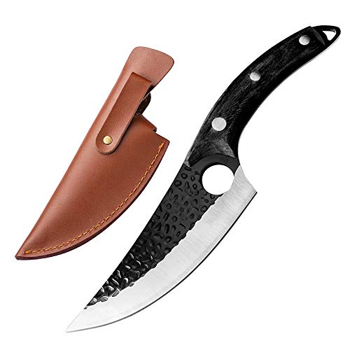Dream Reach Uitbeenmes koksmes met leren hoes, handgesmeed full tang, hakmes, koolstofstaal, vlees, slager, koksmes, outdoor-mes voor keuken, barbecue, uitstapje, met geschenkdoos