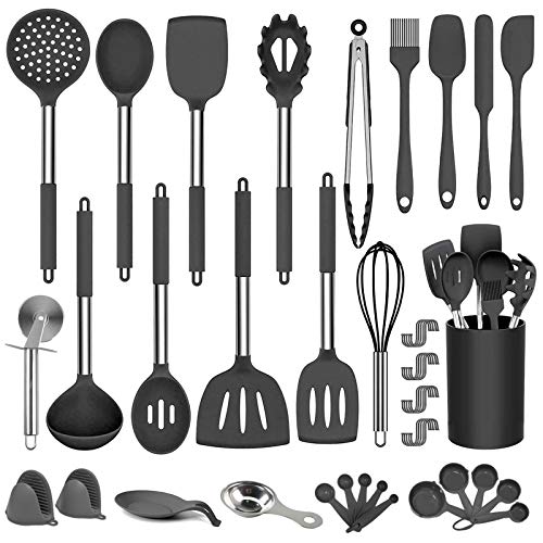DOPGL Keukengerei Set, 50 stuks siliconen kookgerei, BPA-vrij, niet giftig, antiaanbaklaag, hittebestendig beste keukenkookgerei met roestvrijstalen handgreep (zwart)