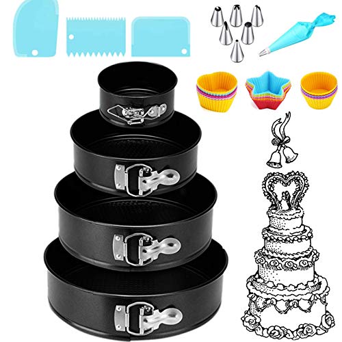 Nifogo Taartvormset - Anti-Aanbaklaag en Lekvrij Springvorm Cake Pans, Kaaesset (Afneembare Bodem) met Spuitmonden Set, 15 Stuks Siliconen Bekers en 3 Stuks Icing Smoother (4 Stuks)