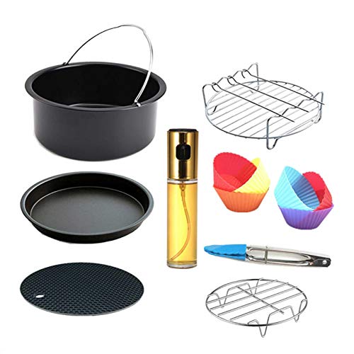 8 stuks friteuse accessoires, gezond, veilige airfryer, accessoires, luchtfriteuse, accessoires met taartmand/pizzablach/siliconen mat/spuitfles/muffinschaal/voedseltong/grill steamrek voor 3,5-5,8qt Air Fryer