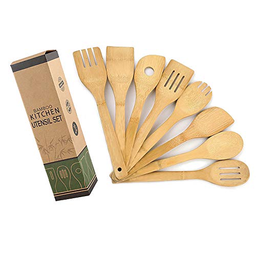 8 Stuks Bamboe Houten Keuken Kookgerei Set, Kookgerei set Bamboe, Spatel, Keuken Bakken Schuimspaan, Keukenspatels en Lepels, Spatelset, Bakspatels, Keuken Gerei