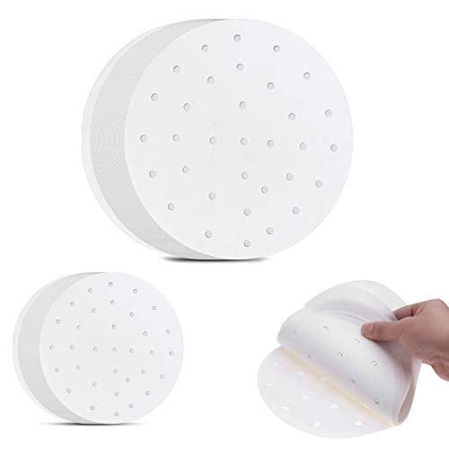 AirFryer Papier, CHENKEE 200 stuks Ronde Steamer Mat Papieren Geperforeerd Perkament Bamboe Steamer Liners Perfect voor Air Fryer Stoommand