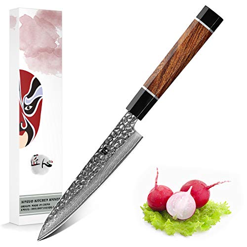 XINZUO Damascus hulpprogramma mes Damascus staal 15cm hulpprogramma mes scherp fruit mes Damascus keukenmes Chef mess gesmede keukenmes woestijn hout handvat-Zhen serie