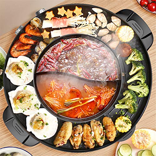 Hot Pot and Grill Plate, 2 In 1 Electric Barbecue Grill Non-Stick BBQ Fry Pan, Large Capacity Separate Dual Temperature Control 2200w, 52cm