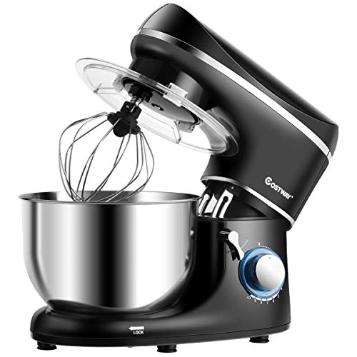 COSTWAY 1300W elektrische keukenmachine, staande mixer 5,5 liter mengkom, 10-snelheden kantelbare voedselmenger met klop, deeghaak, klopper en spatwater bescherming (Zwart)